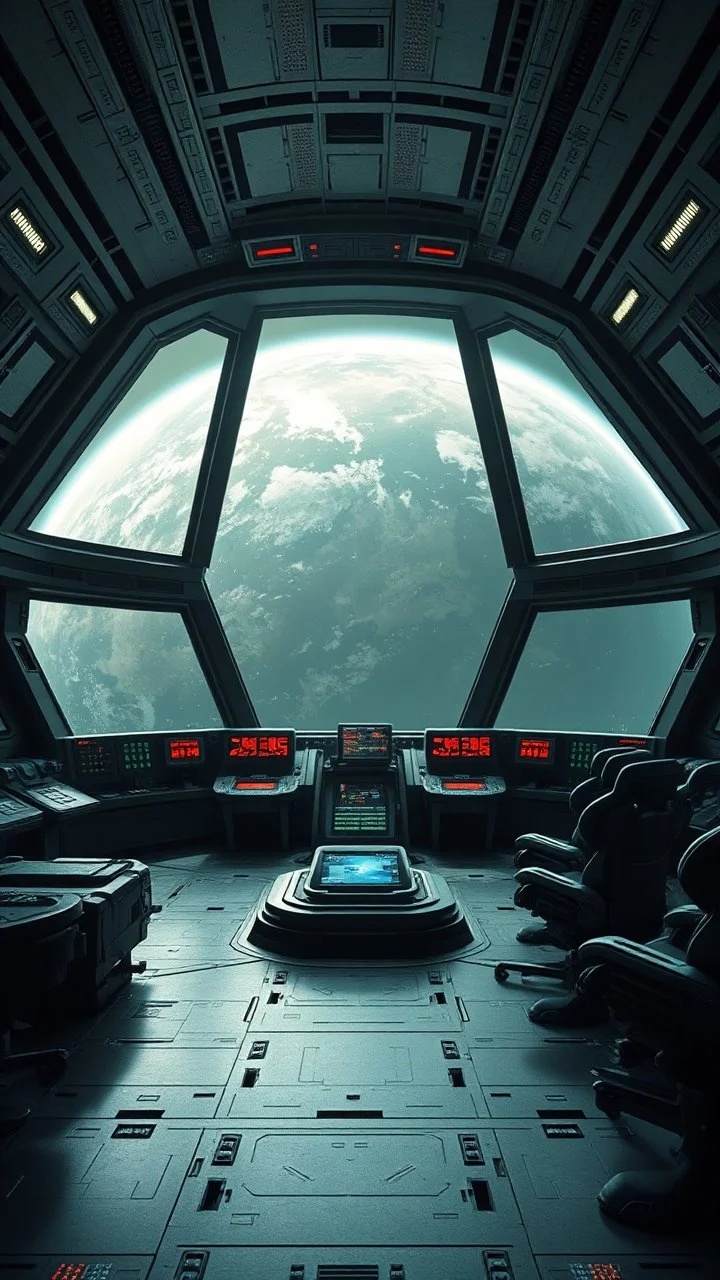 A centering dynamic view action of an alien spaceship control room with huge windows looking at planet Earth showcasing the fusion of sigma and Neumorphic elements, depicting a fully fantasy . Stance on black mechtech battlefields abandone Dojo.