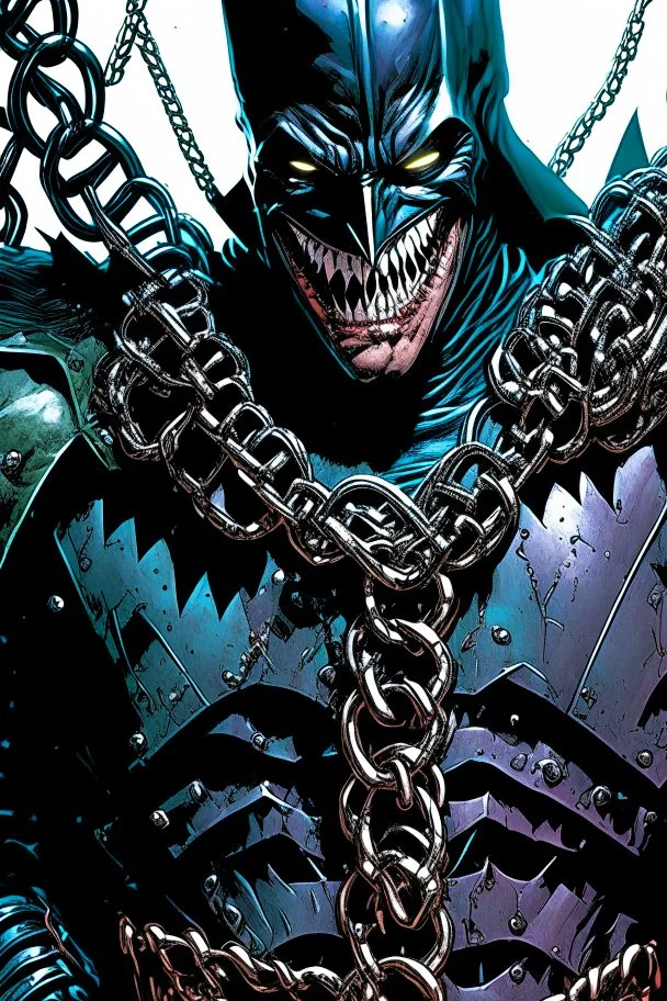 a close up of a person holding chains, the batman who laughs, jason fabok. greg staples, arkham city, gabriele dell'otto, joker wearing vader's armor suit, by Ryan Stegman, joker wearing vader's armor, david tennant as spawn, as illustrated in top cow comics, grotesque joker, venomized, jason fabok