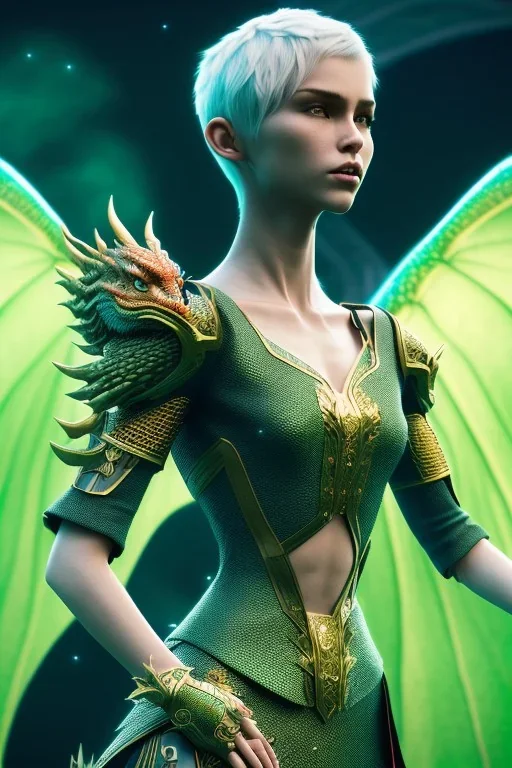 Perfect amazing women with short green hair and dragon wings wearing only dragon scales,mythical,fantasy , magnificent, majestic, highly intricate, Realistic photography, incredibly detailed, ultra high resolution, 8k, complex 3d render, cinema 4d.