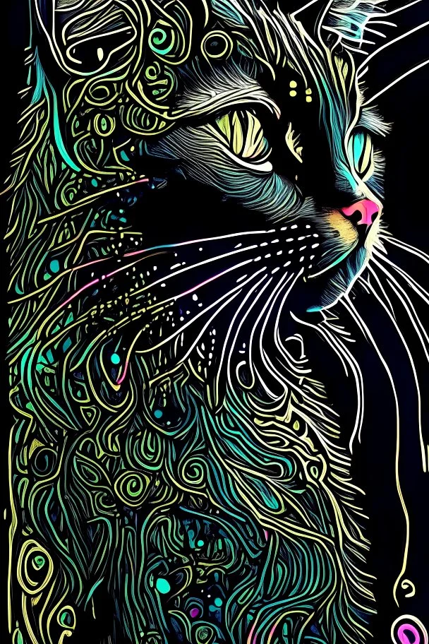 Wet color inks line art whimsical dreamy cat portrait with lot of ornament filigrees on black canvas illustration described in the perfect fractal style of Vassily Kandinsky, Jackson Pollock, Alphonse Mucha and Jeremy Mann, HQ, 4K