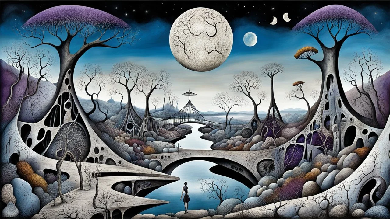 whimsical weird bizarre shapes on sky on eart in weird whimsical landscape between two long thin bridges, surreal vibe with abstractions, around surreal cracked painted weird land with rocks, trees, two moon, deep dark purple, gray, black, white, brown pale blue colors. style of Chagall , of Minjae Lee and Tim Burton, absurd beauty picture. weird bizarre absurd, nightmare, big neuron network clouds background and thin bridges, too big, too elongated shapes, psychedelic dreams