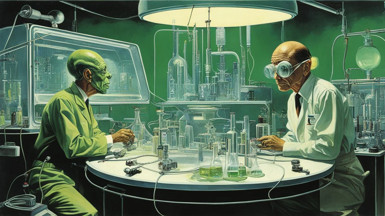 [art by Norman Rockwell] two green extra terrestrial aliens in their experiment lab in the 60ties, they are tubes and cables and liquids everywhere