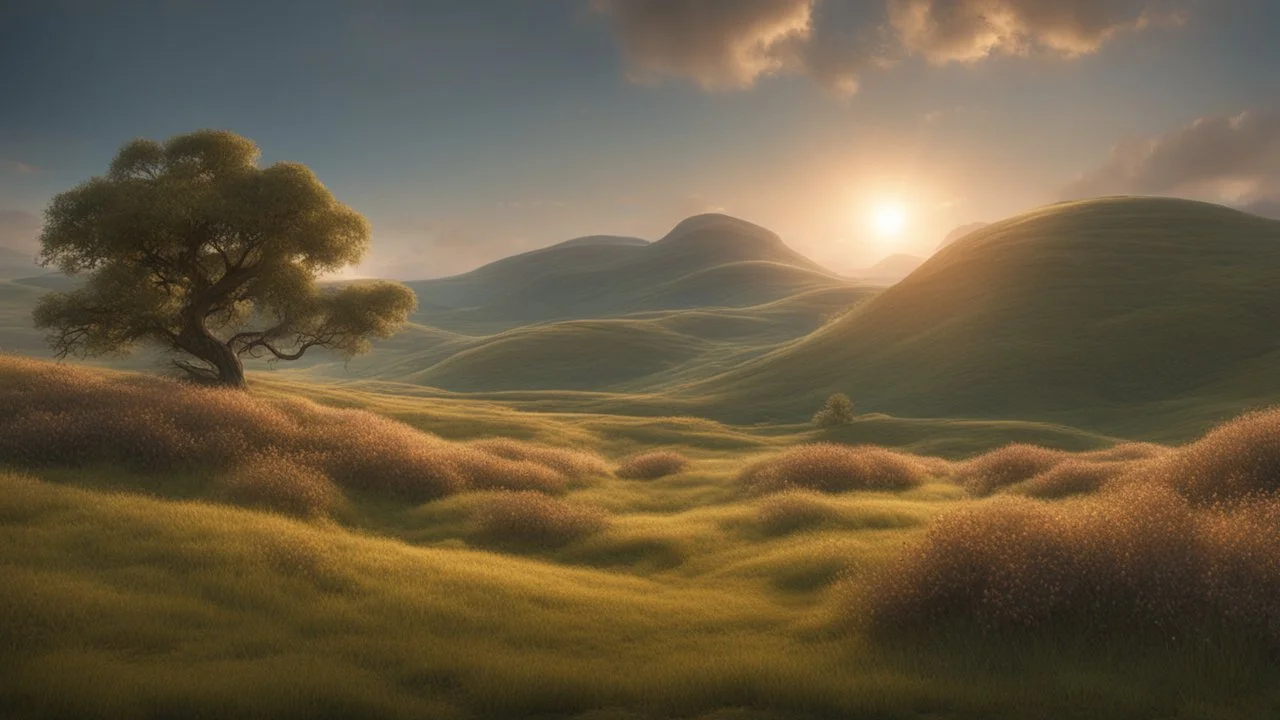 An endless steppe undulating with Hills covered in ancient oaks sparkling with magic. a wyven hiding in the grass. fantasy concept art, exquisite realism, a masterpiece, dynamic lighting, hyperdetailed, intricately detailed, deep color, Unreal Engine, volumetric lighting , Epic cinematic brilliant stunning intricate meticulously detailed dramatic atmospheric maximal,