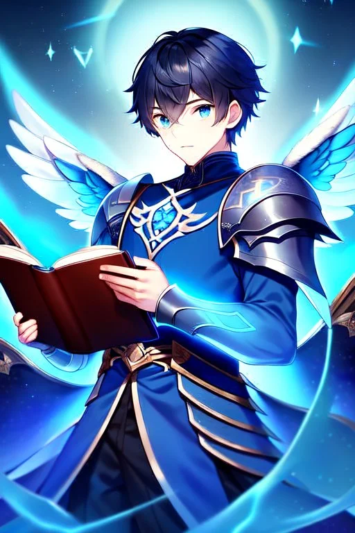 a person in runic armor with blue wings, blue short hair, runic tattoo and spell book, male