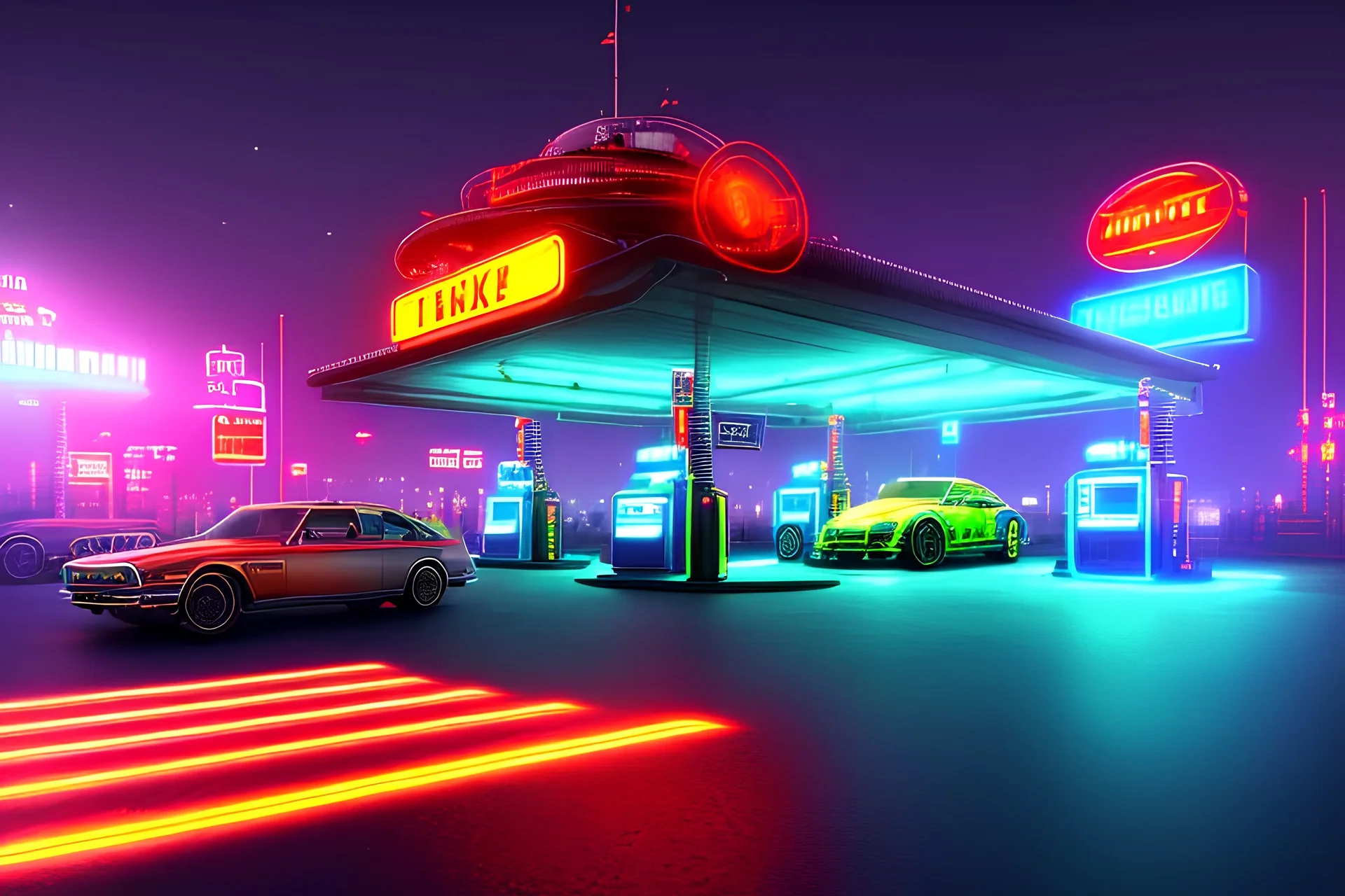 eine tankstelle inmitten auf dem meer, digital part,centered, detailed, 8k, shining, heaven, dampf, cyberpunk art, neon lights, neon signs, night, stars, stadion lichter