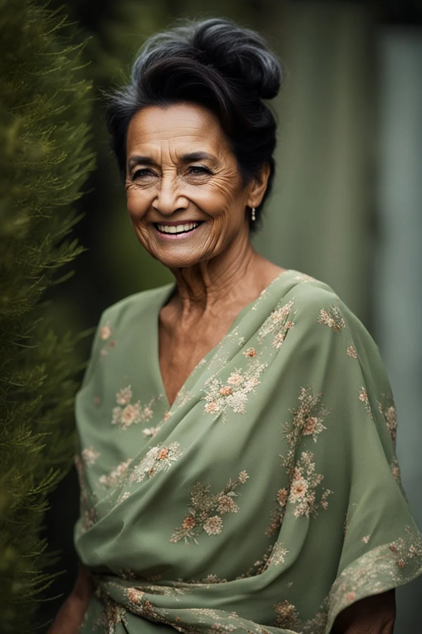 Portrait of a 60 year old Olive skinned woman, dark hair with hints of grey pinned up in a loose bun, happy expression