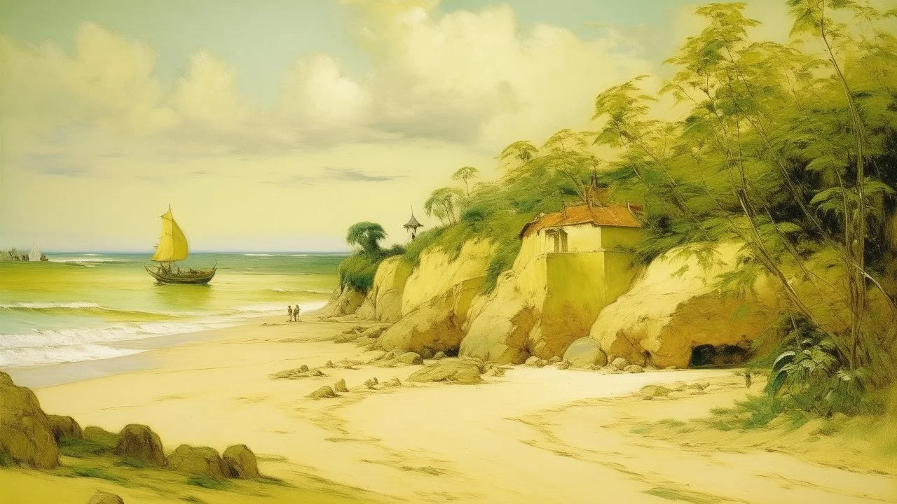 A light yellow summer resort on an island painted by Gustave Courbet