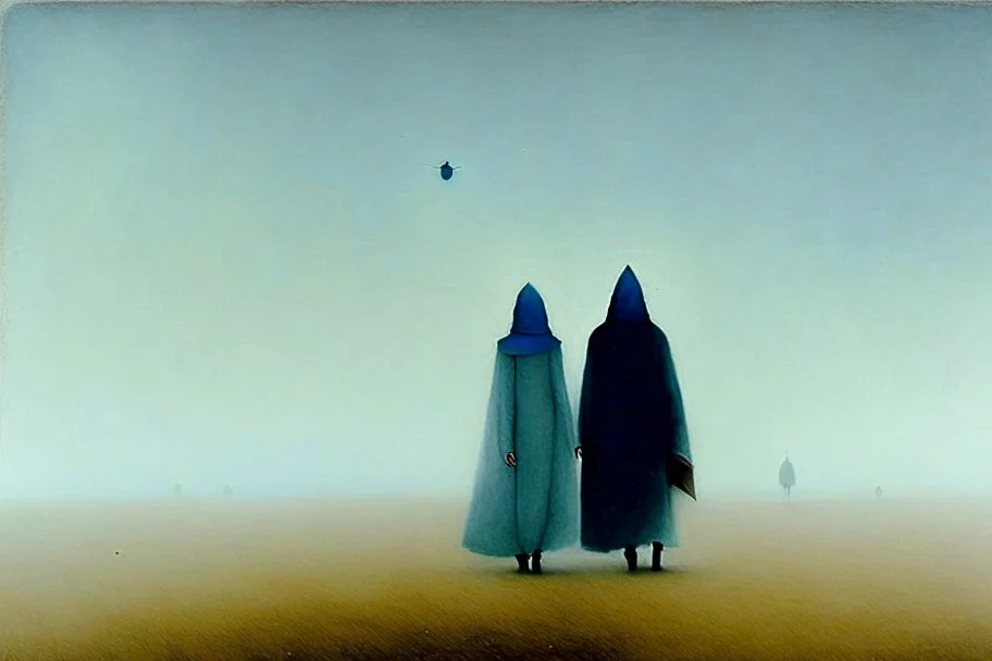 two people without gender seen from behind walking side by side in an empty foggy plain, above there is blue sky by artist "Leonora Carrington",by artist "Christian Schloe"