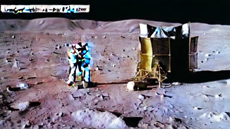 A Tesla semi-truck is parked on the Moon, at the landing site of the 'Apollo 11'. CINEMATIC. WIDE ANGLE LENS.