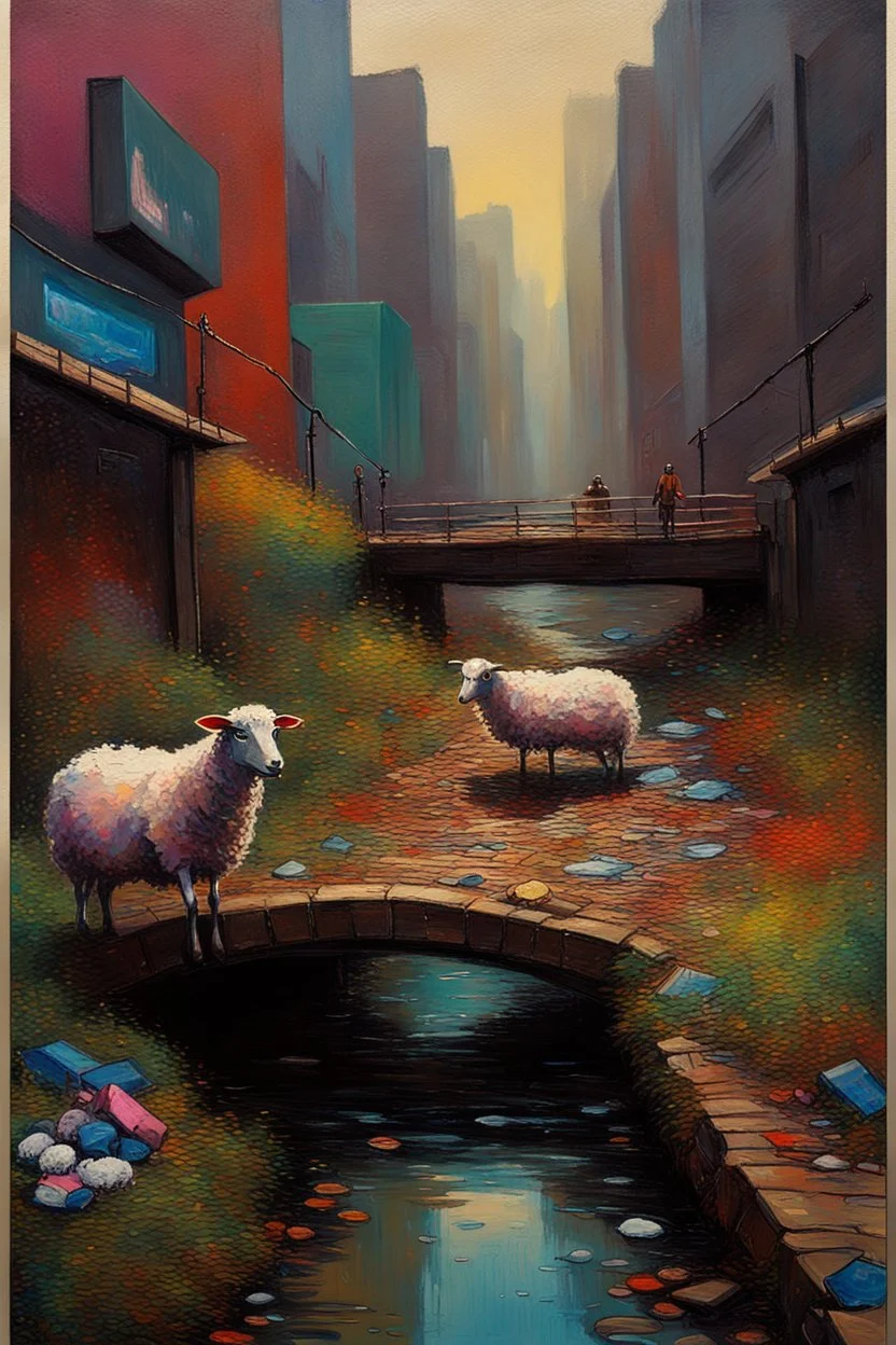 painting of a cyberpunk colourful natural walkway rubbish on the street in the city with pollution and a small bridge by a creek with electric sheep and androids by monet