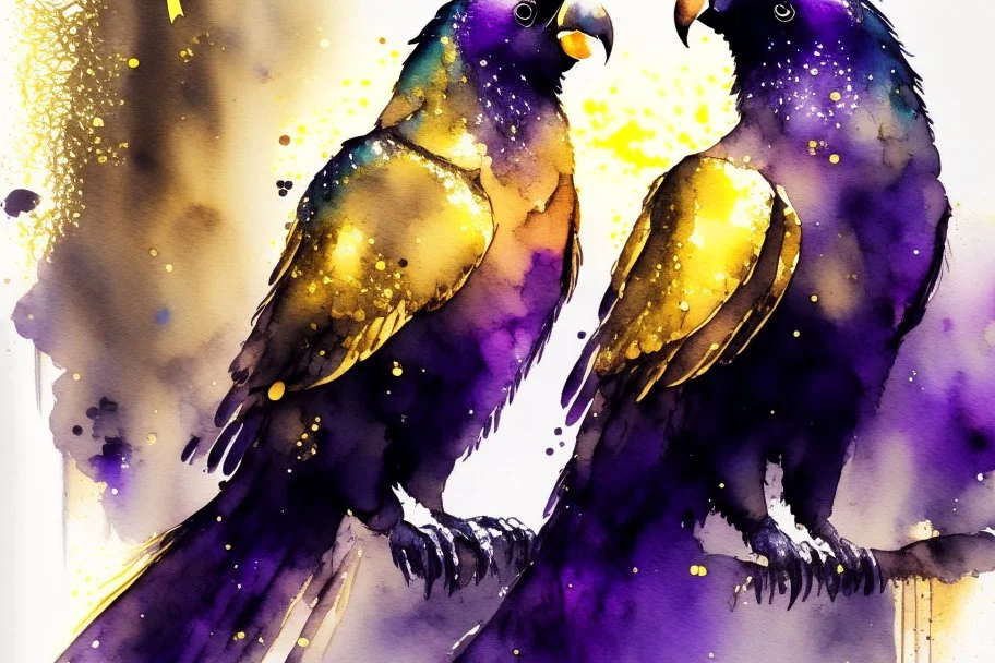 parrot-phoenix mix birds, a picture of togetherness, death, resurrection, purple in sunshine, watercolor and black ink outlines, sparkling golden glitter, ethereal, cinematic postprocessing, bokeh, dof