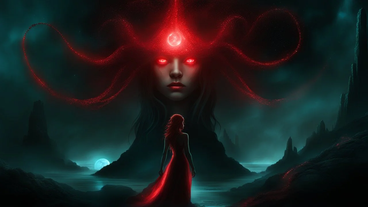 dark fantasy, bioluminescent goddess, ominous atmosphere, sparkles, red eyes, world of wonders scenario