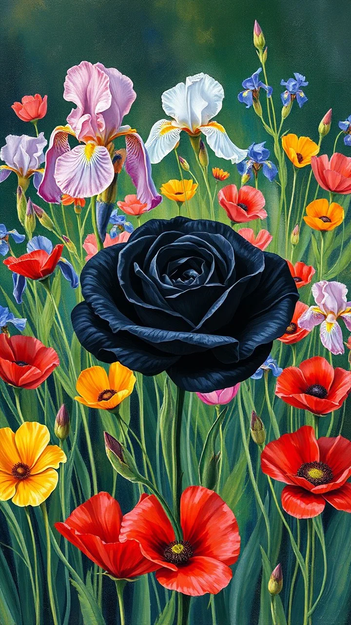 A black rose in the middle of blooming garden of poppies and iris Painting in painted style by Patrick heron , source pinterest , singulart or devian art