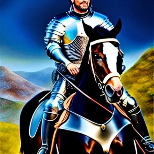 Ultra detailed fullbody Portrait in oil on canvas of Medieval Knight with plate armor riding a horse,extremely detailed digital painting, extremely detailed face, crystal clear eyes, mystical colors ,perfectly centered image, perfect composition, rim light, beautiful lighting,masterpiece ,8k, stunning scene, raytracing, anatomically correct by Seung Eun Kim and simon bisley and Caravaggio,16k