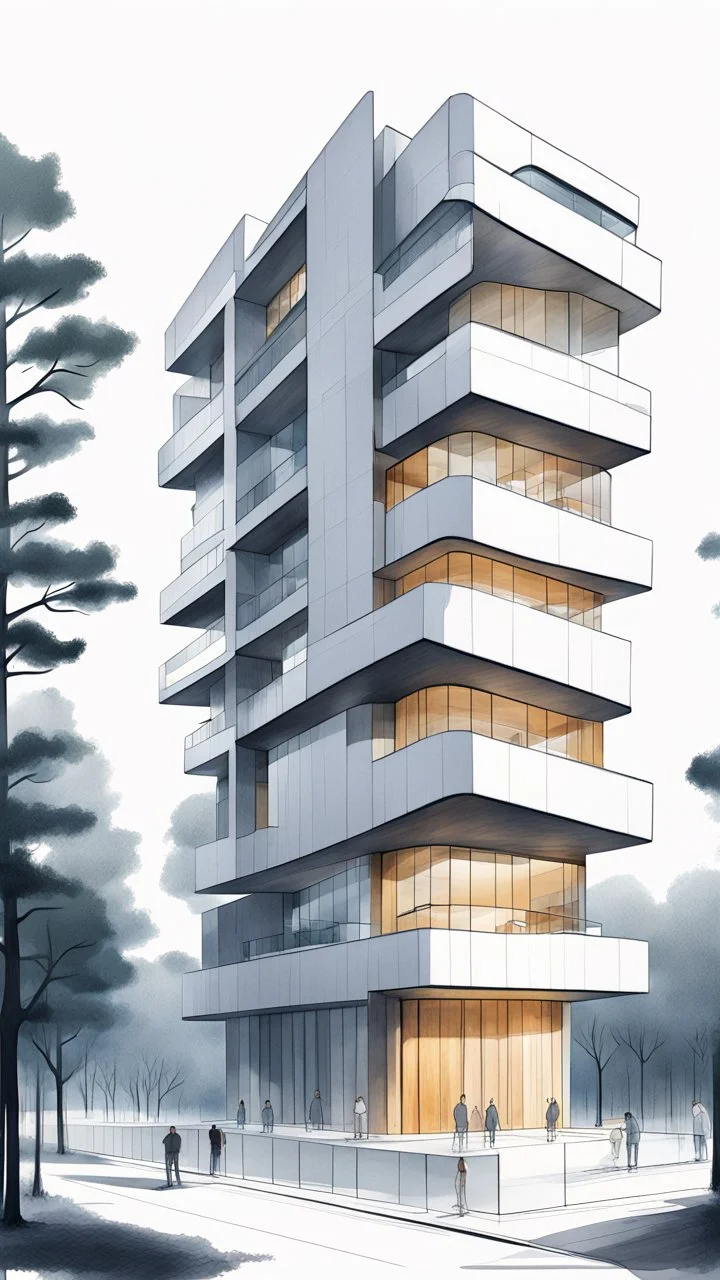 Dibujo arquitectónico de un edificio de cinco pisos, moderno, diseñado aplicando la proporción, estilo minimalista futurista, calidad ultra, gente, árboles, colores complementarios