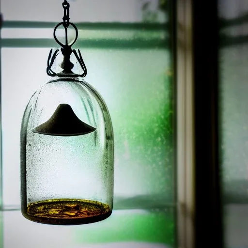 hanging bell jar, caustic reflections, frosted glass, glossy from rain, rayonnant style, bokeh, dramatic lighting