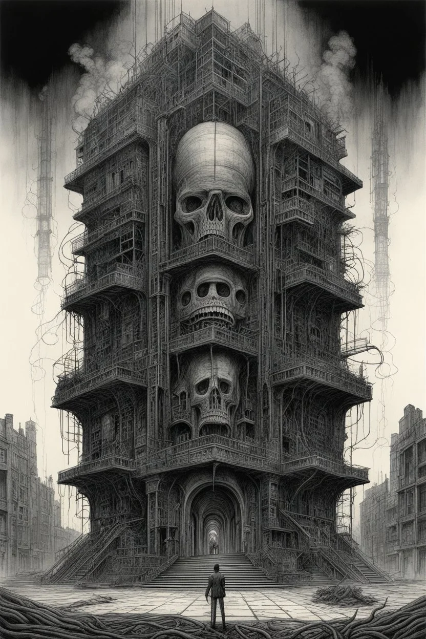 A building with a Indian fathers on and with computer chips and a smoke in the background dark a thin line draw ، front view camera, decayed and rotting with grotesque proportions and imagery. surreal horror, biomechanical design, by hr giger and beksinski , fine lines draw