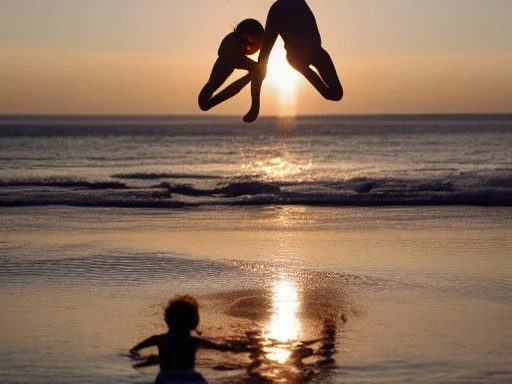 children jumping in water on a beach capture them against the sun and make an art silhouette, hyper details, real sharp, 8k, well detailed, cinematic 8k