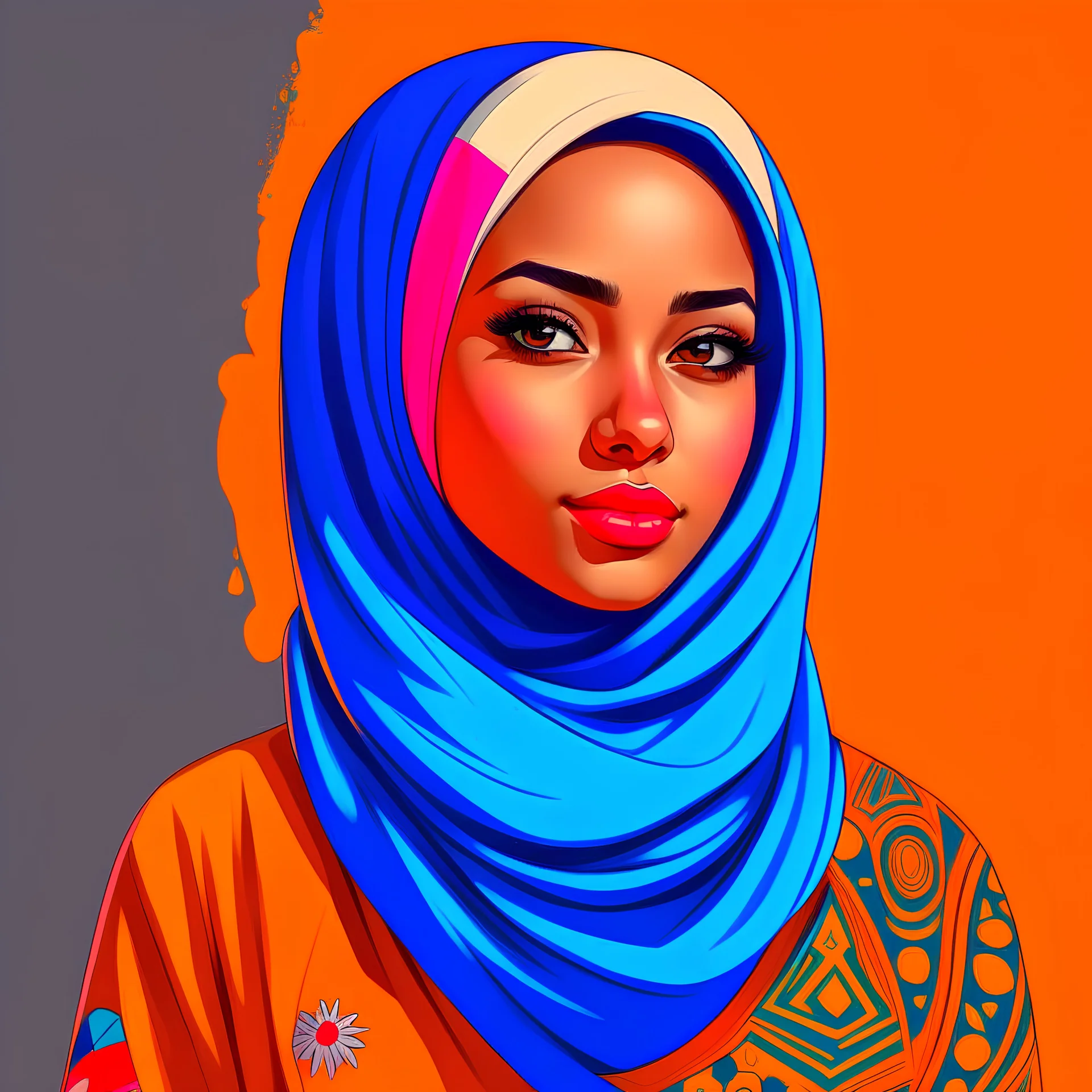 A diverse and unique rendering of a Muslim girl, her correct face and beautiful features highlighted in a mesmerizing display of movement and style.