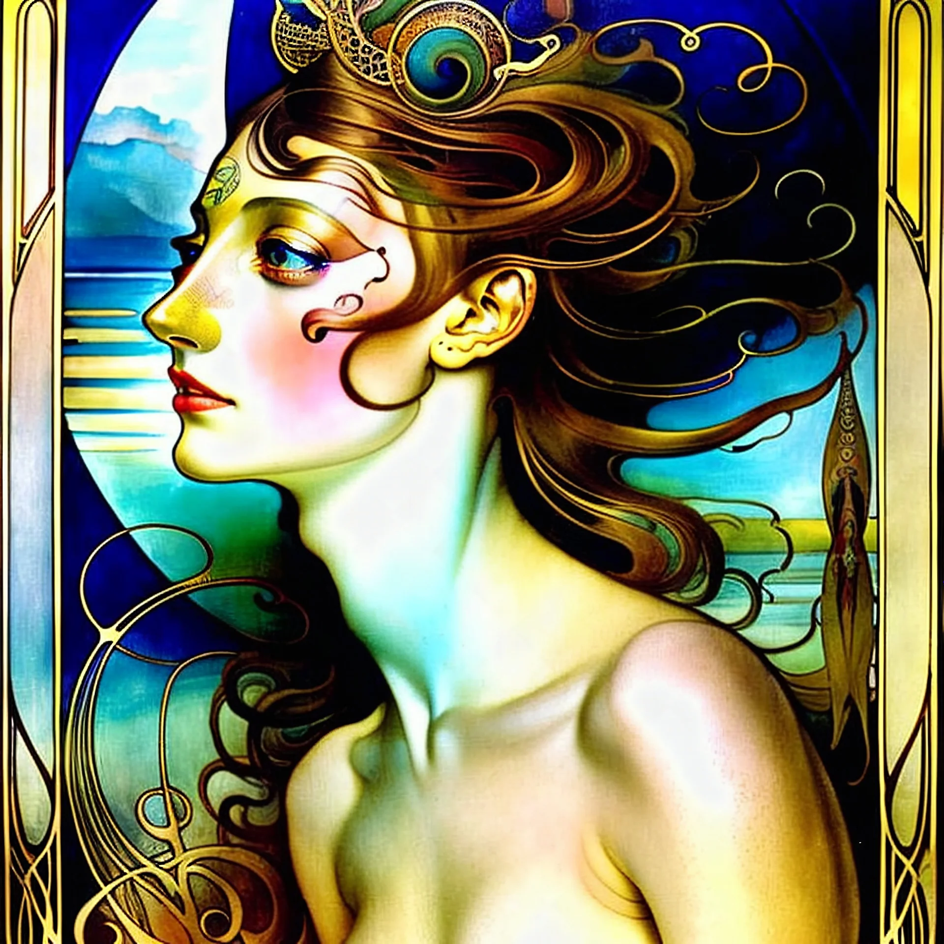 art by Alfons Mucha in the style of Salvador Dali, a Patrick Woodroffe naturist mermaid