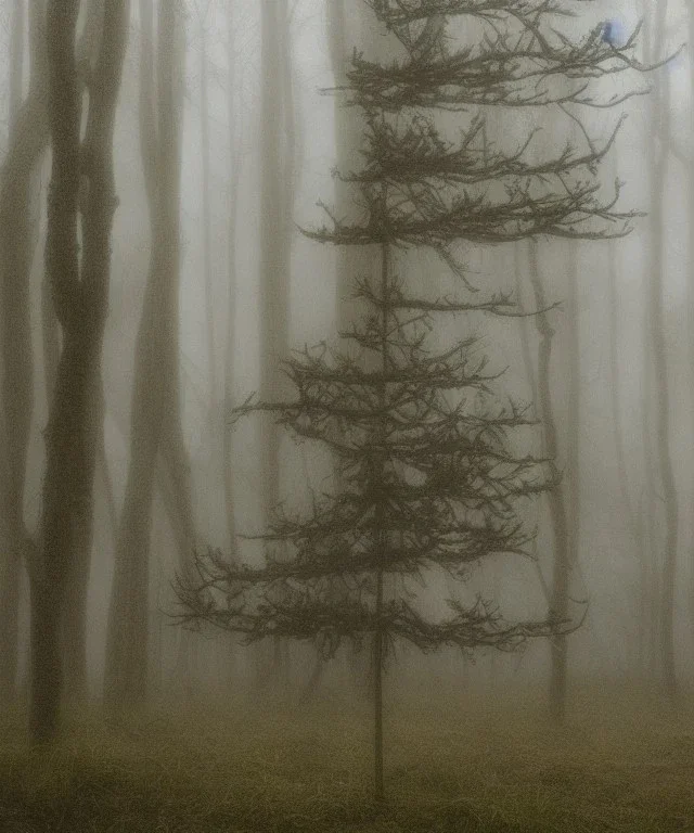 festive Christmas tree in a misty swamp