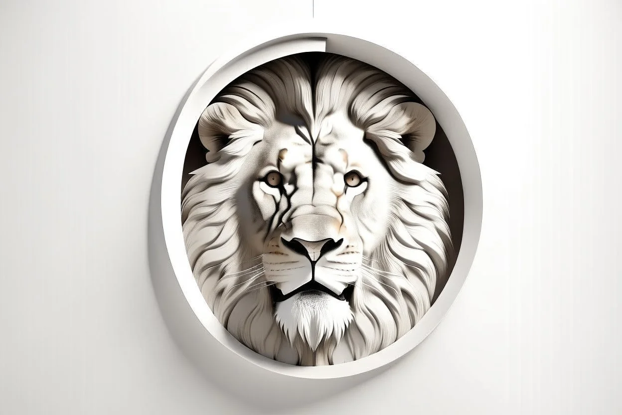 white,background,looking,through,a 3-d, hole,or,window,,a,seeing a lion