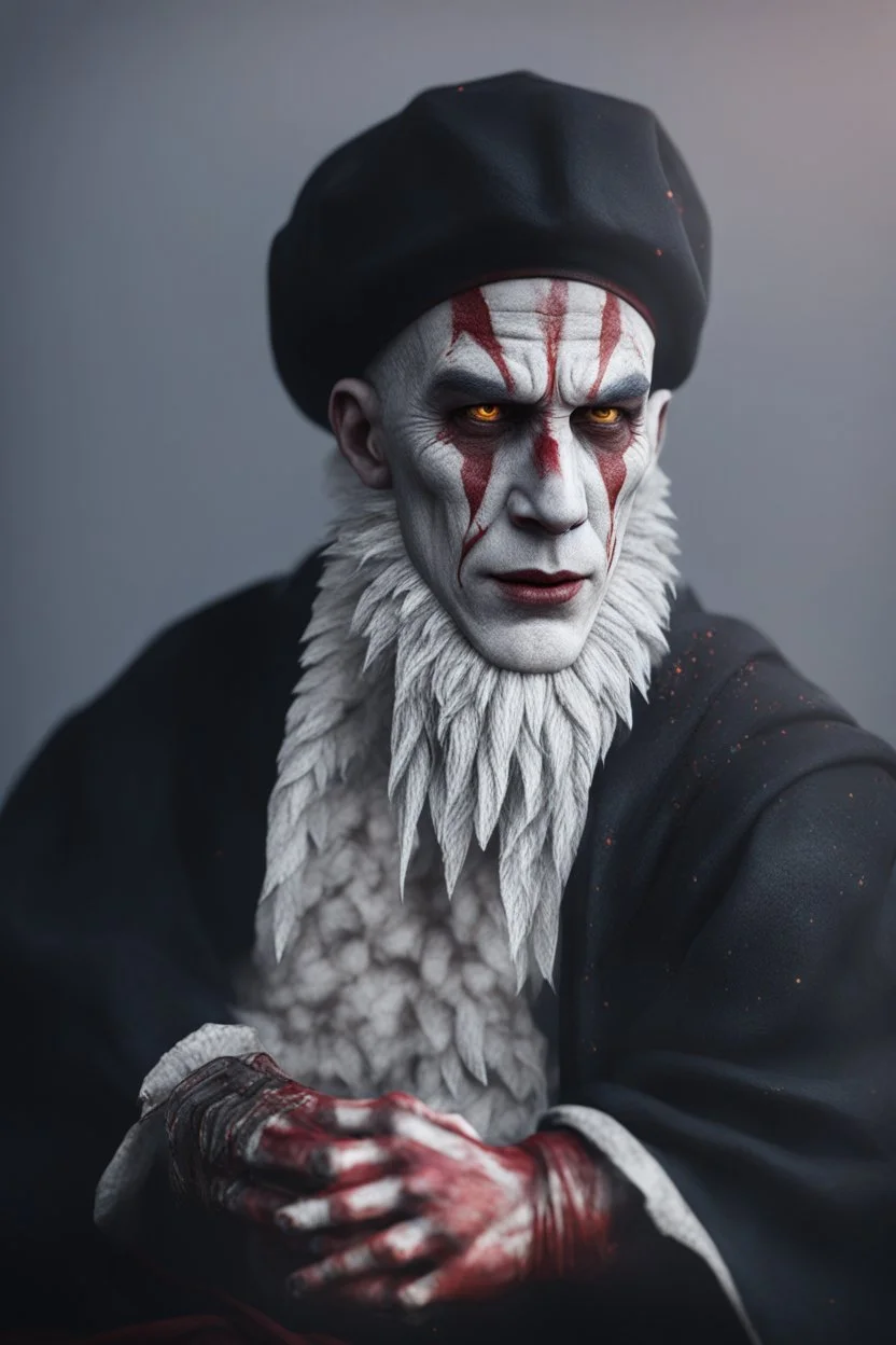 A sad hooded clown , red skin, scales, unreal engine 6, high detail, intricate, cinematic. photoshoot style, intricate, studio lighting, Fire, smoke, masterpiece , highly detailed, 8k, best quality, dramatic,d,<lora:mshn:0.7>,<lyco:Warrior_Couture:0.5>,