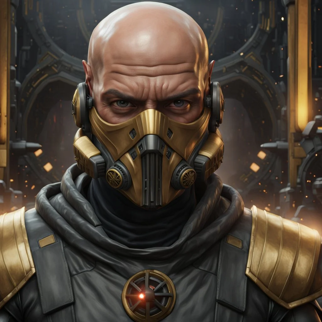 star wars bald male corellian pilot wearing pearlescent black and gunmetal grey First Order special forces heavy assault stealth commando armor and helmet with gold trim inside the jedi temple, hyperdetailed, dynamic lighting, hyperdetailed background, 8k resolution, volumetric lighting, light skin, fully symmetric details