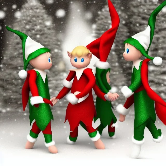 elves. Christmas scene. photorealistic. low-key