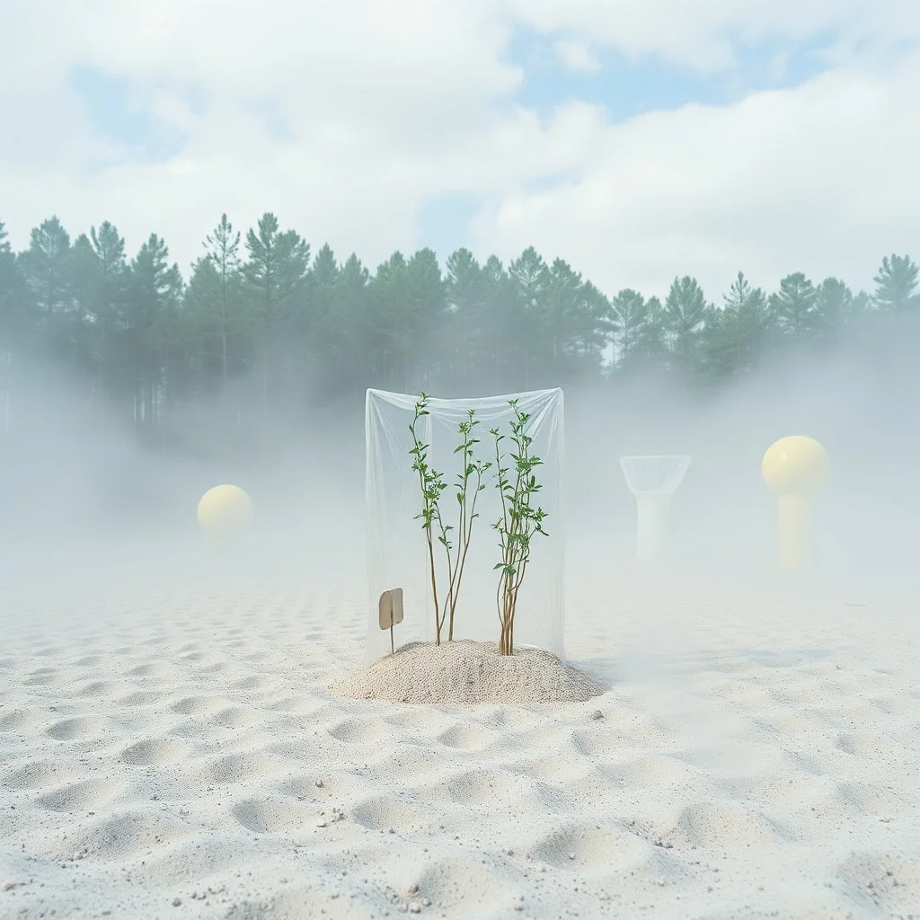 A photo of a closed environment in a closed space. In the background there is a forest. Più piani si intersecano. At the center, a structure made of plastic. Plants, clouds. Max Ernst. The surface below appears to be sandy, with small accumulations of sand, scorrere dell'infinito. Fog, powder. In the background, other forms or structures are visible, pastel colors, yellow. The photo was taken with a Hasselblad H6D 400c camera.