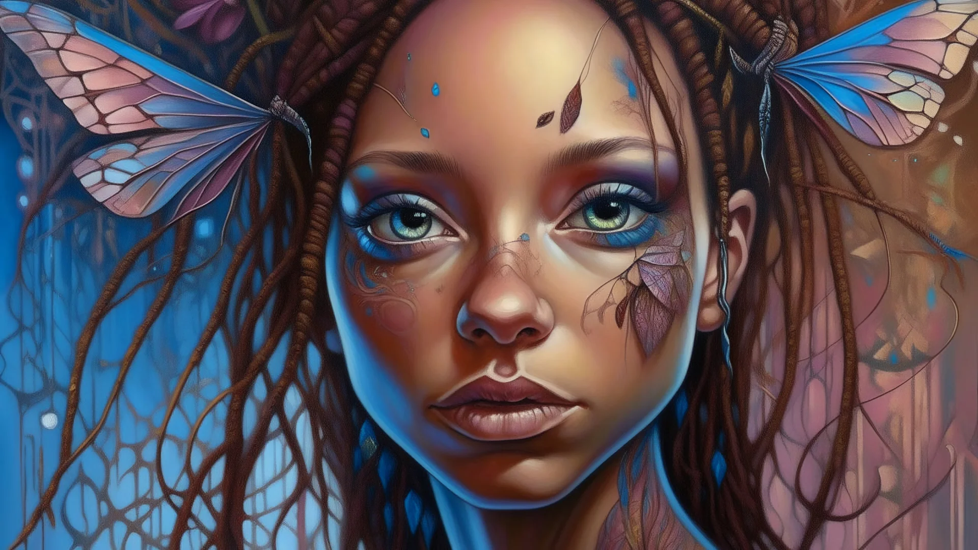 A vibrant and surreal painting of a woman's face with light brown skin and expressive brown eyes. Her hair is styled in intricate dark brown dreadlocks that cascade around her face. The background is a mix of soft pastel hues, primarily light blue and pink, creating a dreamlike atmosphere. A large dragonfly, with its detailed translucent wings and blue body, perches on her shoulder, obscuring and blending with part of the woman's face, adding a fantastical touch to the composition. The woman's s