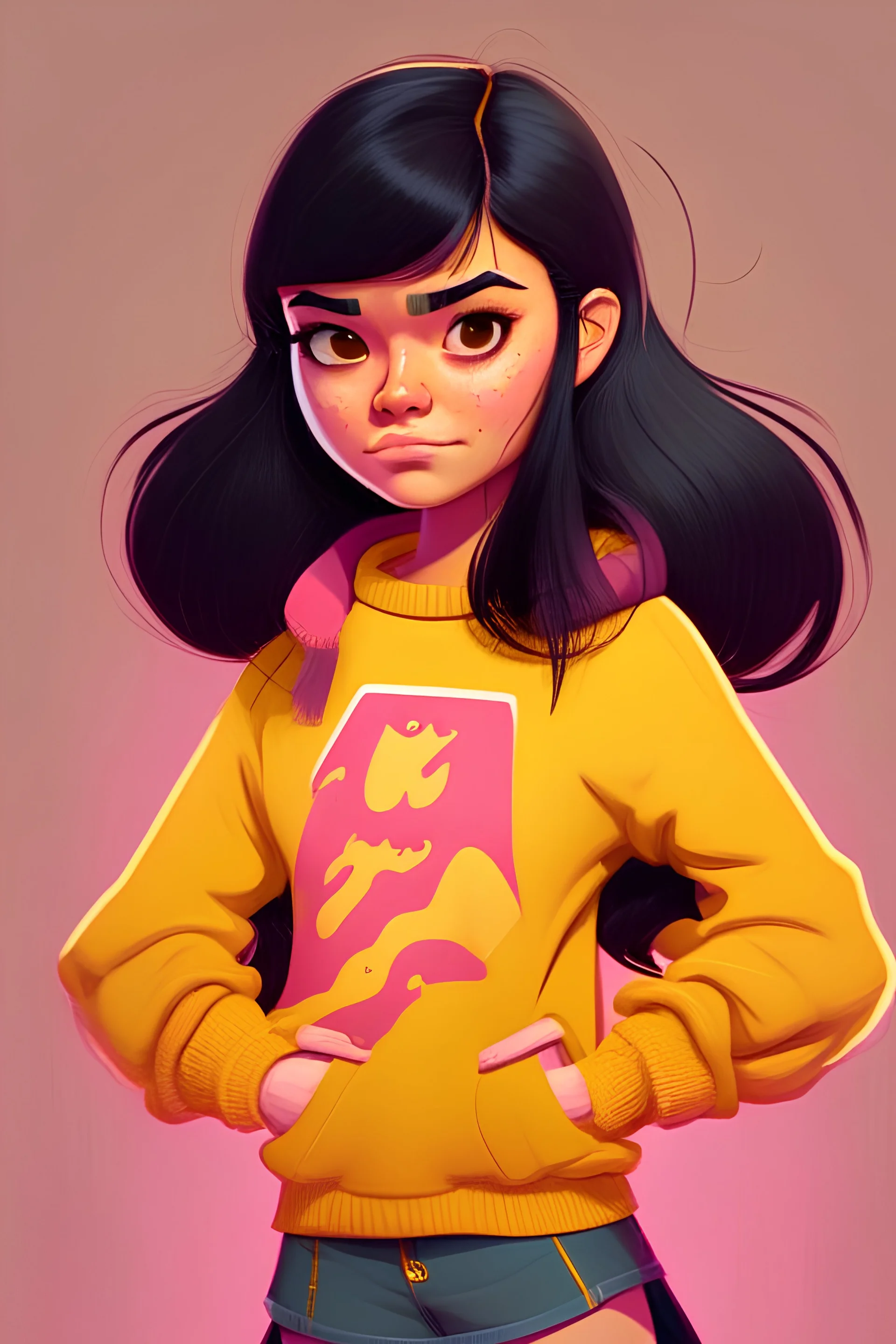 a girl with a full body image and flooded arms, with black hair, big brown eyes, a yellow Pullover, dark pink background, and Disney-faced girl