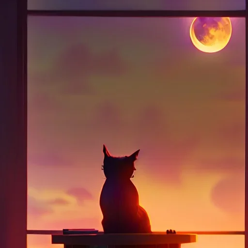 cama, anochecer, ventana, gato, luna