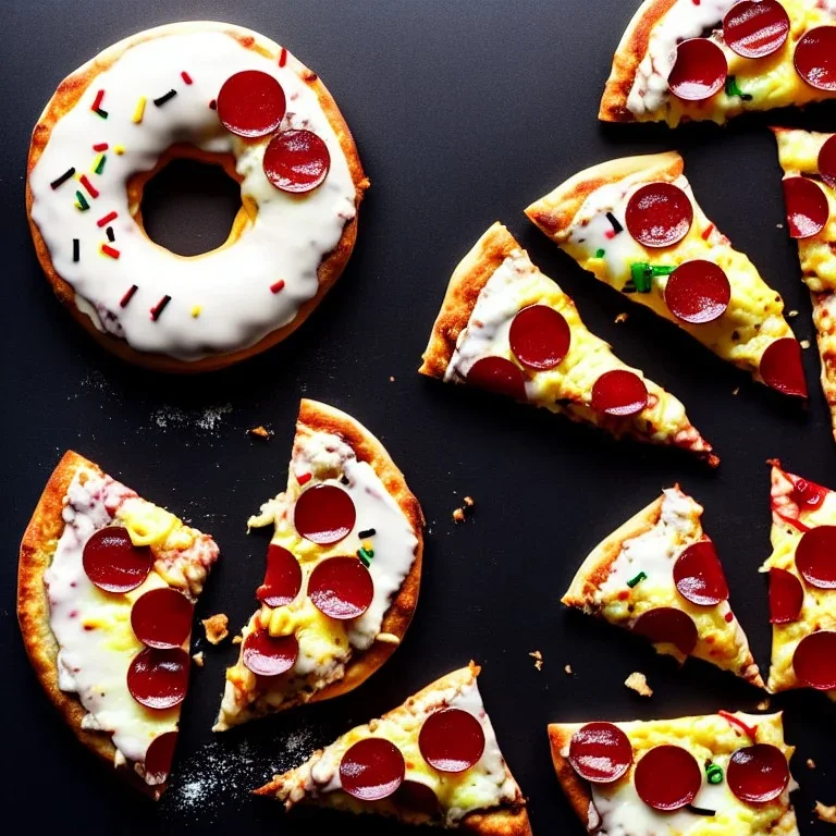 Donut shaped Pizza on plate, black background, realistic