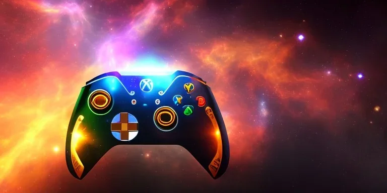 shiney xbox controller odd design. nebula backround . sunflare