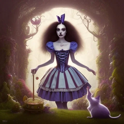 portrait of a goth Alice in Wonderland and the Chesire Cat, Tim Burton, 8k resolution, high-quality, fine-detail, color, intricate, realistic, sharp, crisp, digital art, detailed matte, volumetric lighting, illustration, octane render, brian froud, howard lyon, Anne Dittman, Anne Stokes, Lisa Parker, Selina French