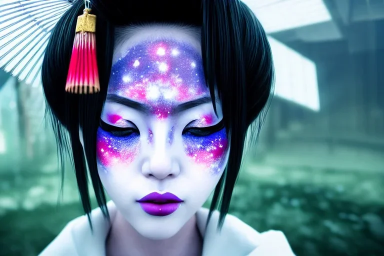 japan head portrait,geisha makeup, meditation, galaxy sky, 8k quality , portrait,beautiful ghost in the shell , post-apocalyptic in a sin city, realistic, intriacte detail, sci-fi fantasy style, volumetric lighting,24mm , particales,highly detailed,cinematic, deep purple , green eyes ., unity engine, bloom,cinematic lighting,blue tone, octane render,