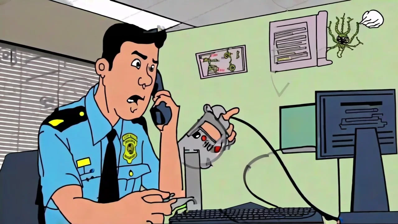 male cop dispatcher deals with evil virus hatching from the phone