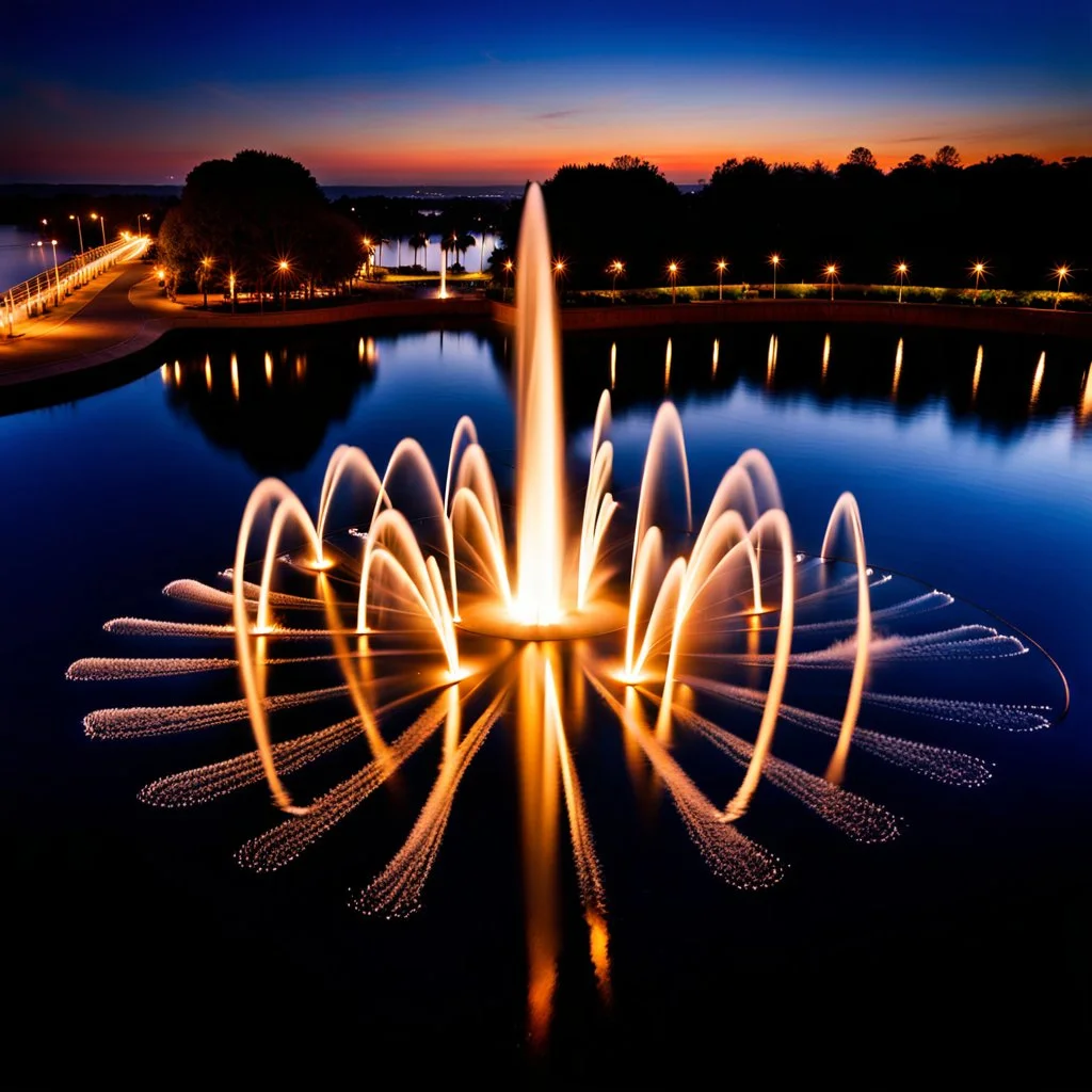 camera captures from above,Create a scene where 16 fountains in a small sea shoot water jets in the shape of a love symbol, creating beautiful splashes in the water.