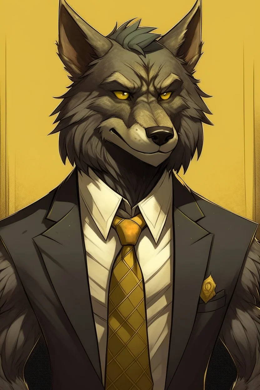 Buff, anthro, wolf, himbo, black fur, gold eyes, wearing a suit