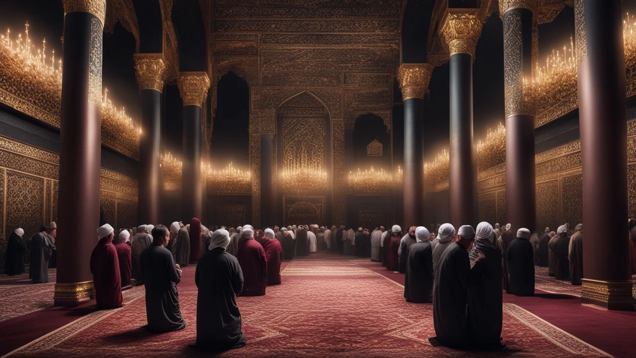 Hyper Realistic Photographic-View of lots of Muslims praying inside a Massively-Huge-Beautifully-Crafted-Black-&-Maroon Wall-Mosque with detailed-golden-pillars & Garland-Light-Decorations with dramatic-&-Cinematic-Ambiance at night.