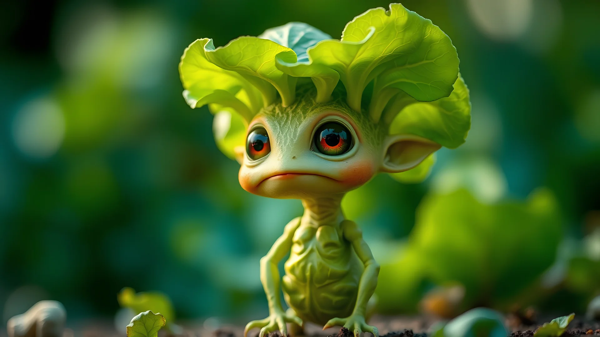 A photograph of a creature resembling a fusion of a small humanoid and fresh green lettuce leaves. Its head is adorned with large lettuce leaves mimicking hair. Wide, round eyes show curiosity and its skin has leafy patterns. Limbs and torso look like lettuce stalks. Set against a green bokeh background with a garden hint, ambient light highlights its textures.