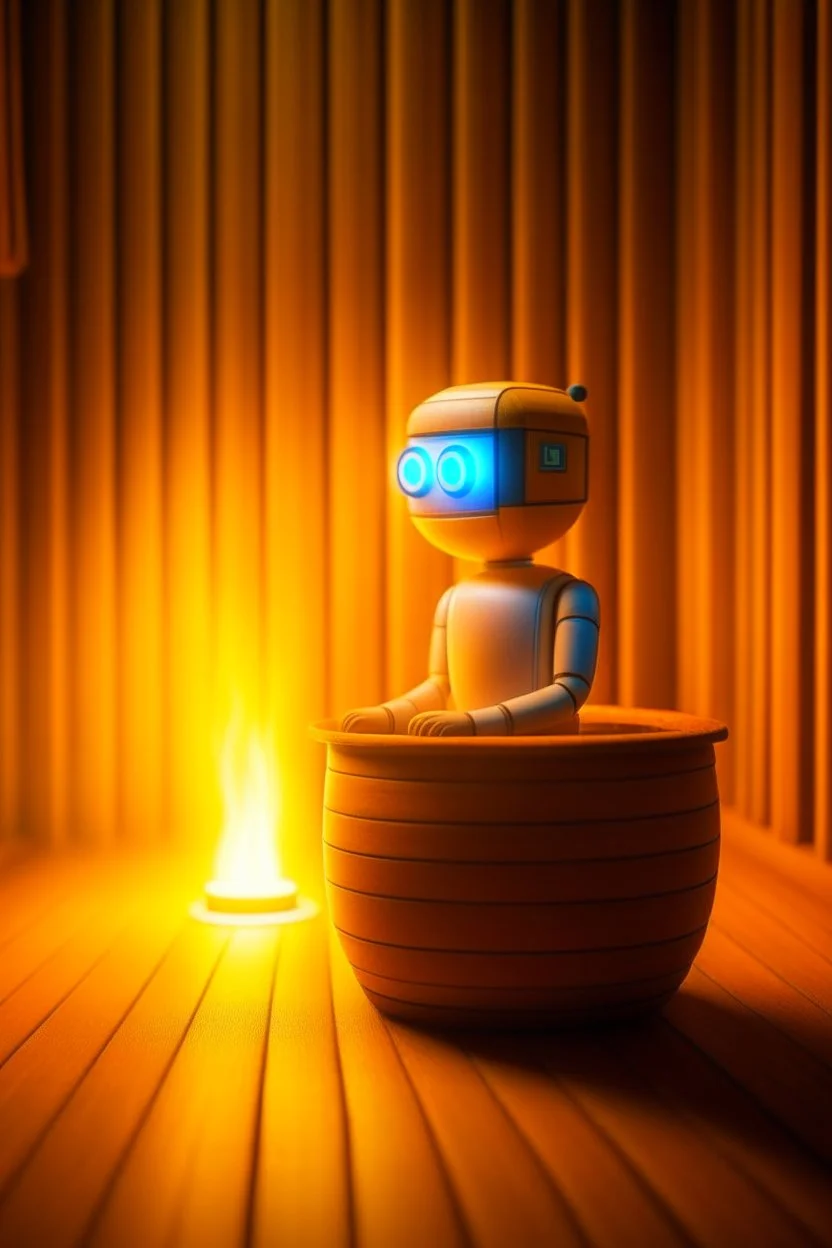 cute chat robot sitting in a barrell in the narrow walled sauna, its such a perfect day i am glad i spent it with you, motion blur, smoke, 4k, downlight, soft light, depth of field, photorealism, trending on art station