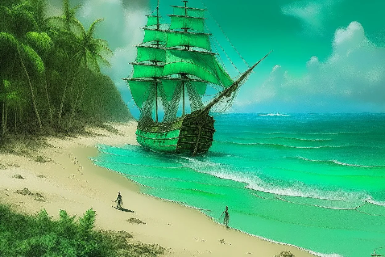 A bluish green beach with a pirate ship painted by Claude Monet