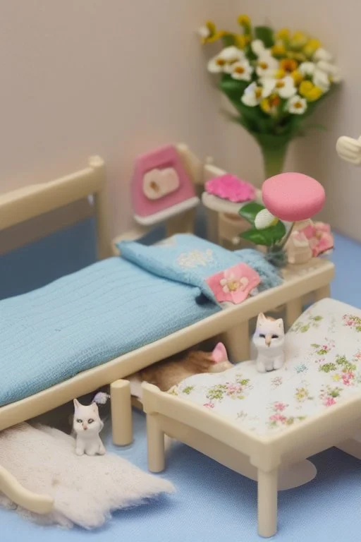 Sylvanian family cat and kitten hospital, hospital furniture, charts on beds, flowers in a vase on a table next to a bed