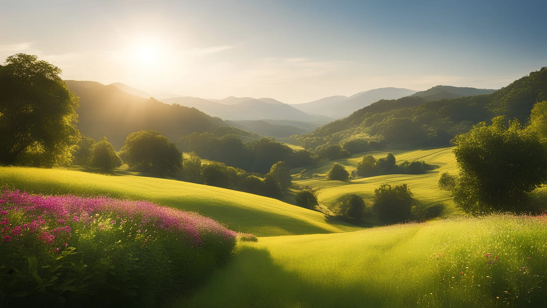 Beautiful realistic rural landscape, warm sunshine, lush plant growth, flowers, human habitation, peaceful, delightful, idyll, award-winning photograph, detail, beautiful composition, attractive colour, chiaroscuro