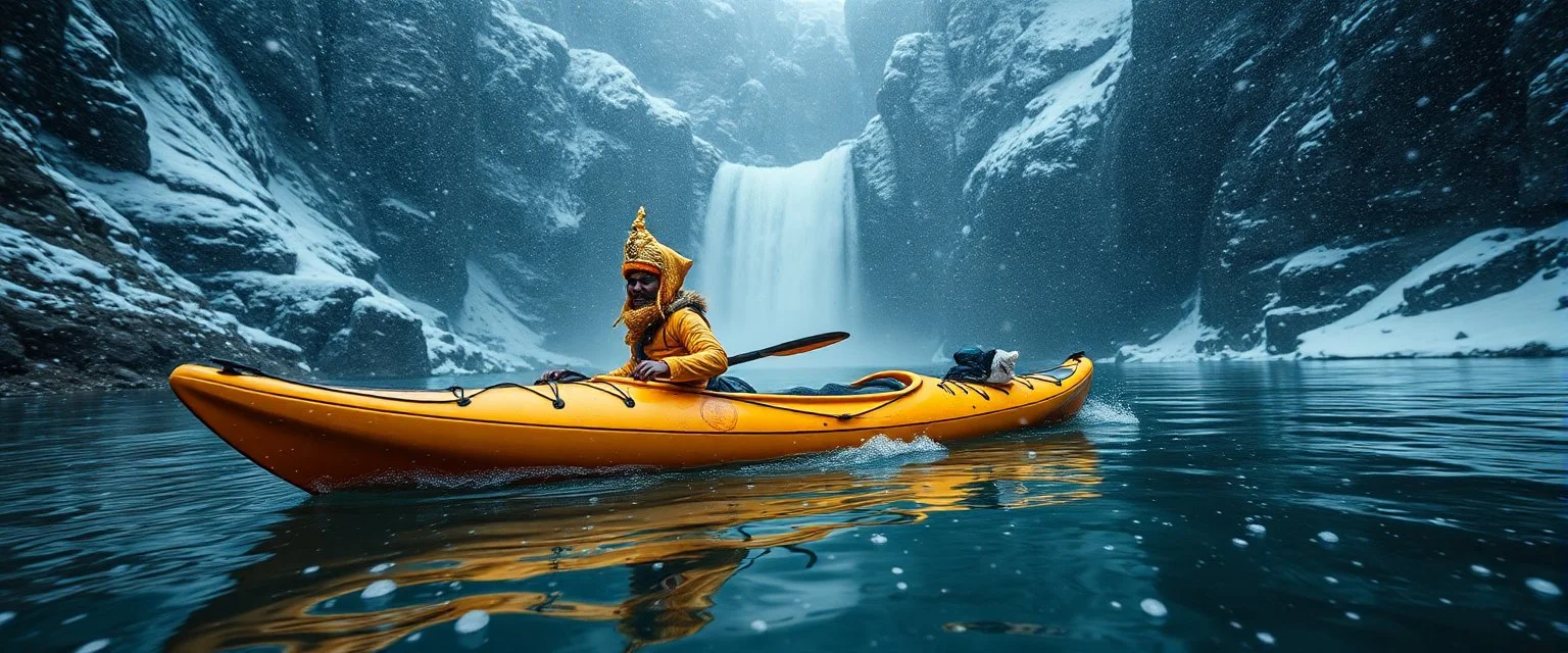 kayak in the valley of the super happy guru explorer in deep trouble by the water fall, glitter disco glam luxury sadist spiked camel pig in snow storm