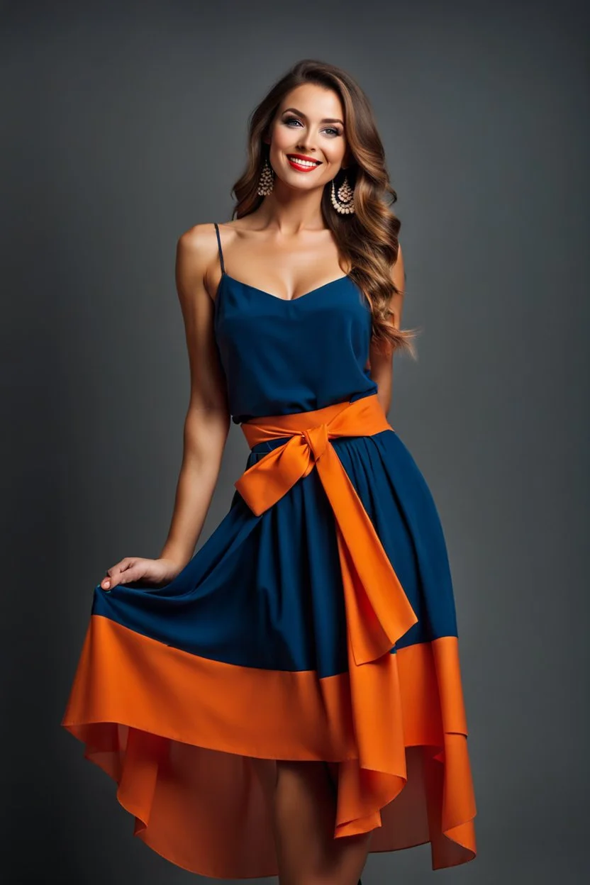 full body of very beautiful lady midi blue skirt and orange bluse , Braided hair ,standing idle happy pose in studio pretty makeup