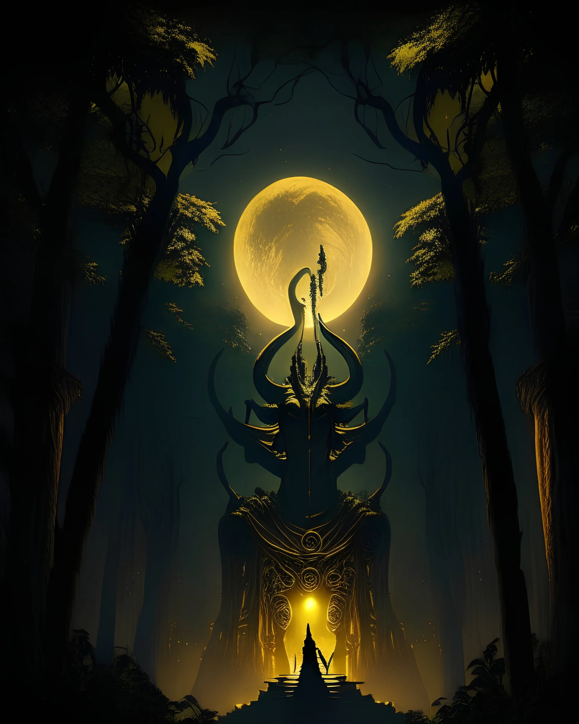 A dark forest at night beneath a crescent moon. A secret temple, in front, a huge golden statue of a demon idol.