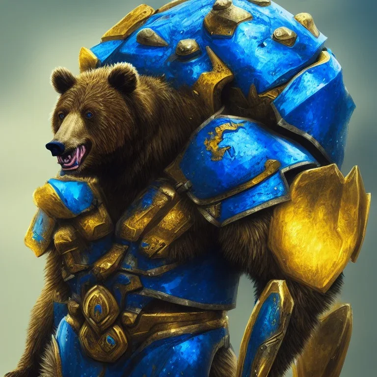 An angry bear warrior in blue and gold armor, background of Inka jungle, high detail, smooth, realistic, digital illustration, Artstation, artgerm,